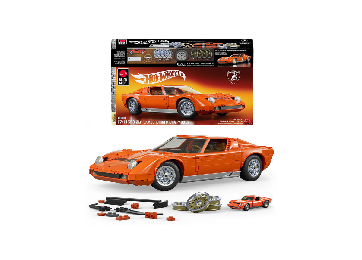 Hot Wheels Lamborghini Miura P400 SV 1523-Piece Building Set in orange with assembled model, wheels, and mini car