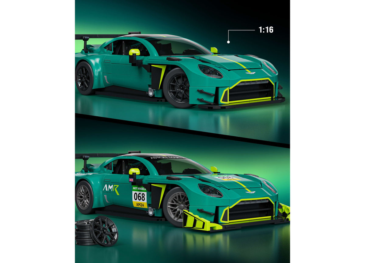 Hot Wheels Aston Martin Vantage GT3 building set showing turquoise and yellow race car model at 1:16 scale with detai...