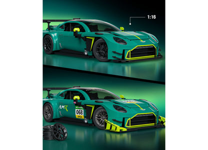 Hot Wheels Aston Martin Vantage GT3 building set showing turquoise and yellow race car model at 1:16 scale with detai...