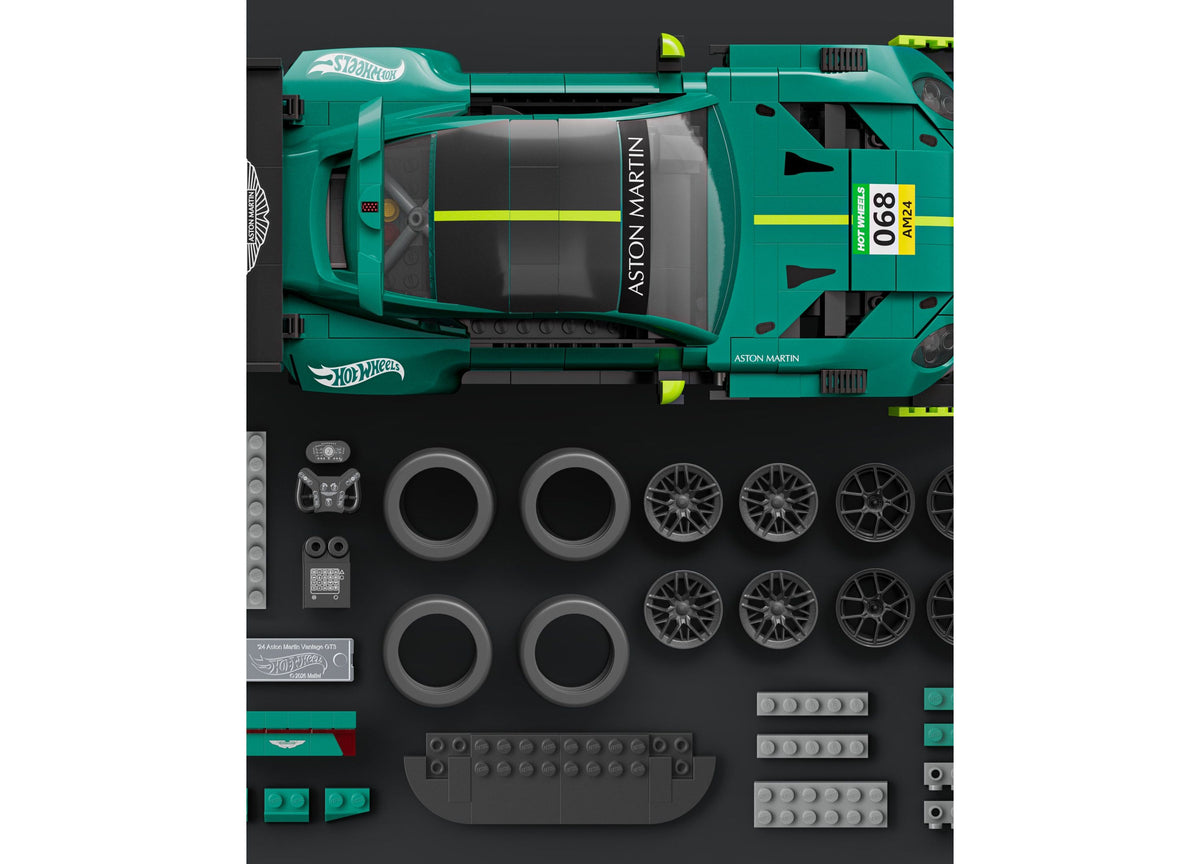 Hot Wheels '24 Aston Martin Vantage GT3 building set in turquoise with 793 pieces, shown assembled and unassembled wi...