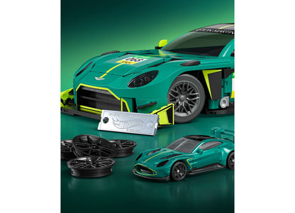 Hot Wheels Aston Martin Vantage GT3 building set with turquoise and yellow race car, wheels, and 1:64 scale model