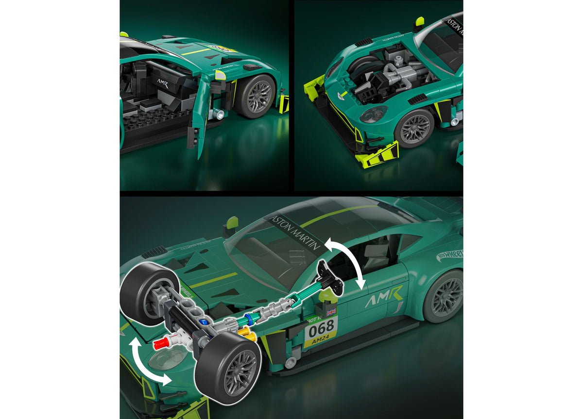 Mattel Brick Shop Hot Wheels Aston Martin Vantage GT3 building set in teal and yellow, showing open hood, detailed en...