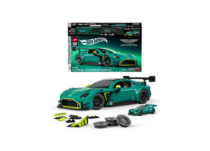 Hot Wheels '24 Aston Martin Vantage GT3 793-piece building set in turquoise with neon yellow accents, shown assembled...