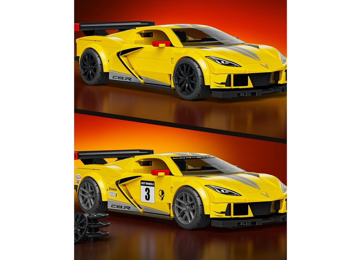 Two yellow Corvette C8.R toy cars displayed side-by-side, with doors open on the larger buildable model and a Hot Whe...