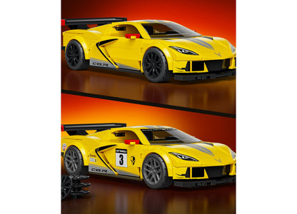 Two yellow Corvette C8.R toy cars displayed side-by-side, with doors open on the larger buildable model and a Hot Whe...