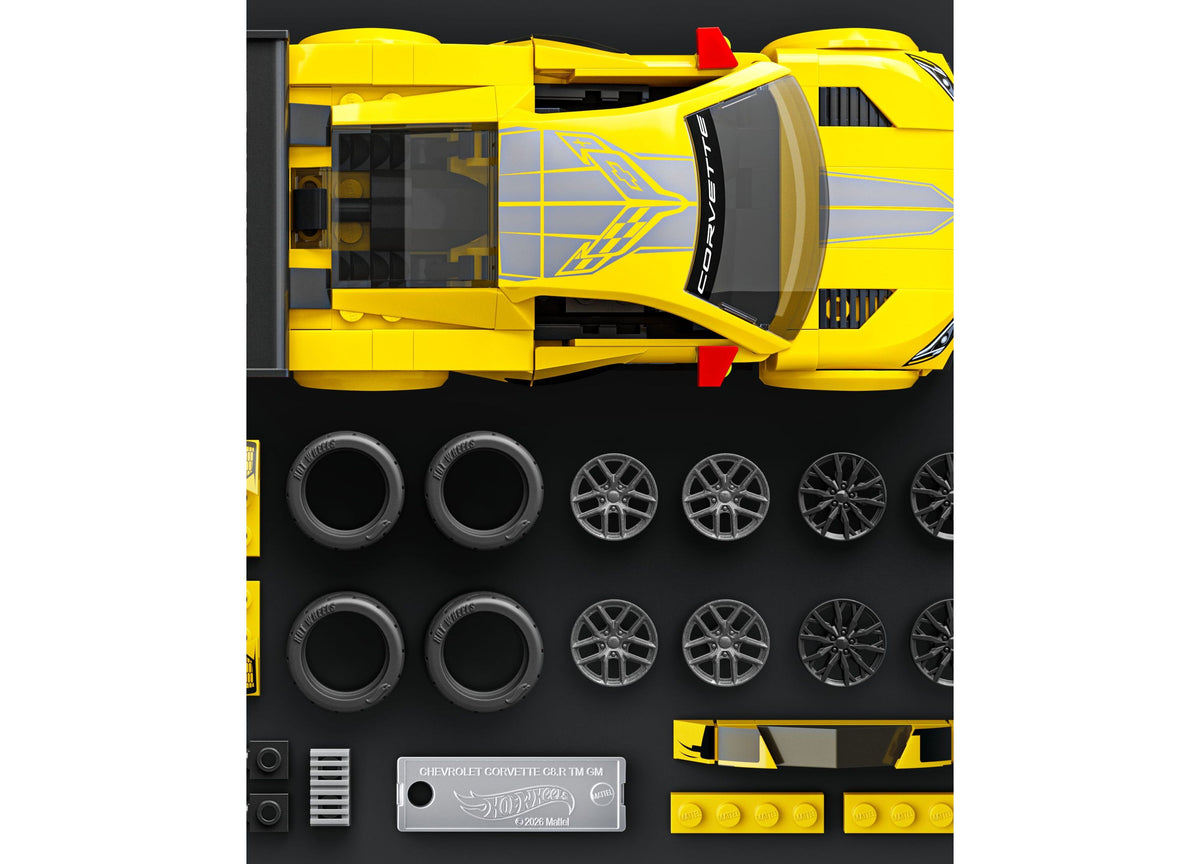 Yellow Chevrolet Corvette C8.R building set with buildable model, wheels, and metal collectible car