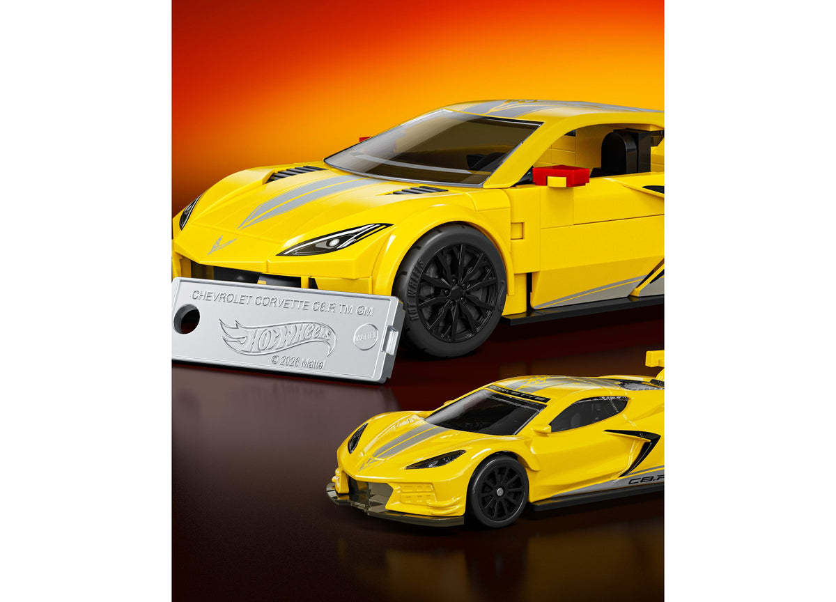 Yellow Chevrolet Corvette C8.R building set with assembled 1:32 scale model featuring open door, matching 1:64 metal ...