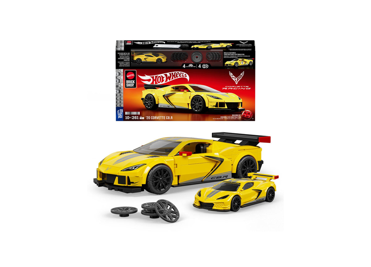Hot Wheels Brick Shop '20 Corvette C8.R 261-piece building set with yellow sports car model, smaller matching car, an...