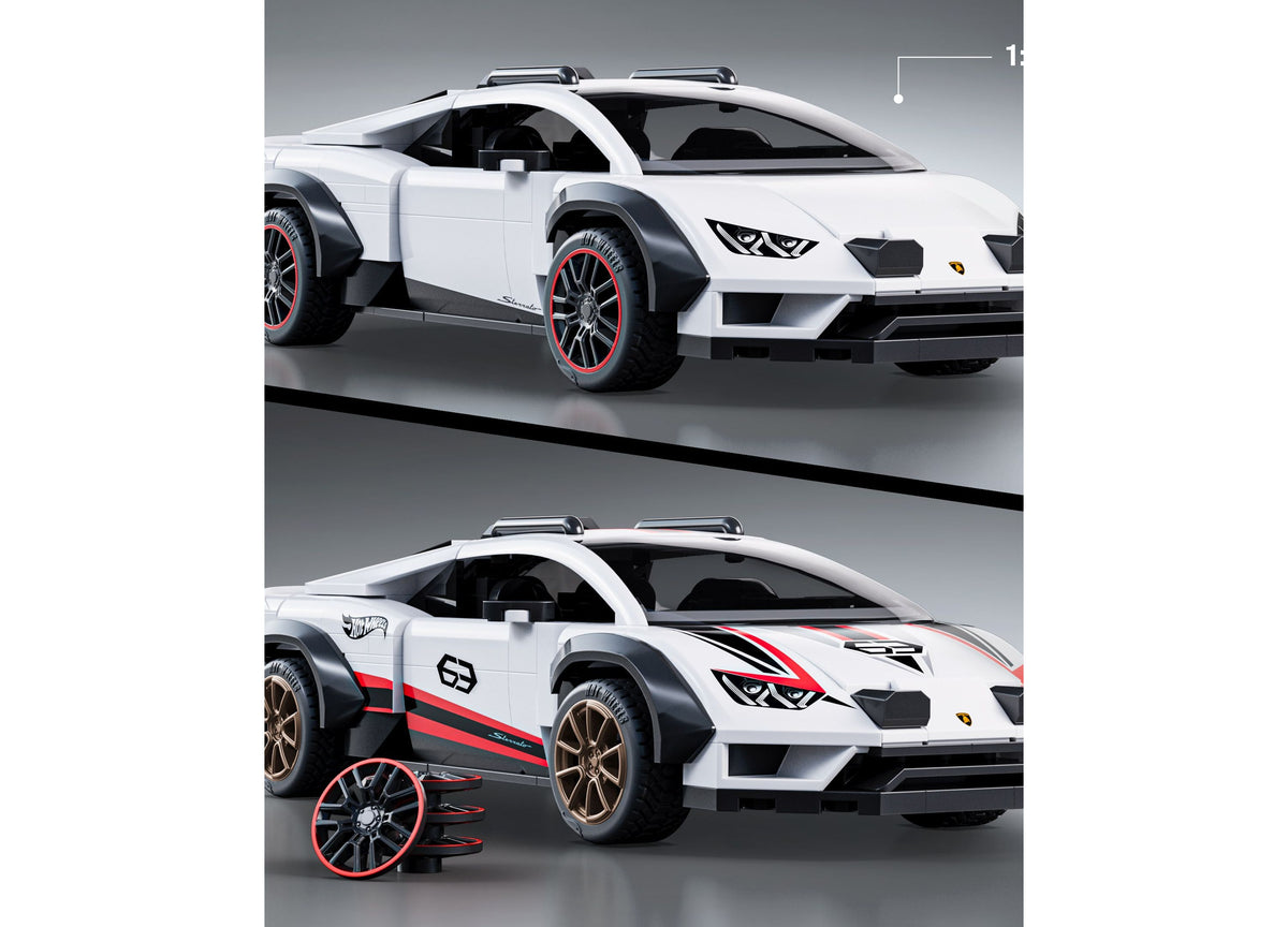 Mattel Brick Shop Hot Wheels Lamborghini Huracán Sterrato 268-piece building set shown in white with red accents and ...