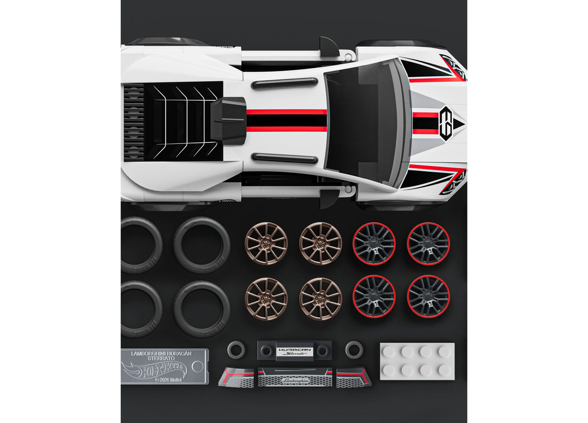 Mattel Brick Shop Hot Wheels Lamborghini Huracán Sterrato 268-piece building set with white and red car model, wheels...