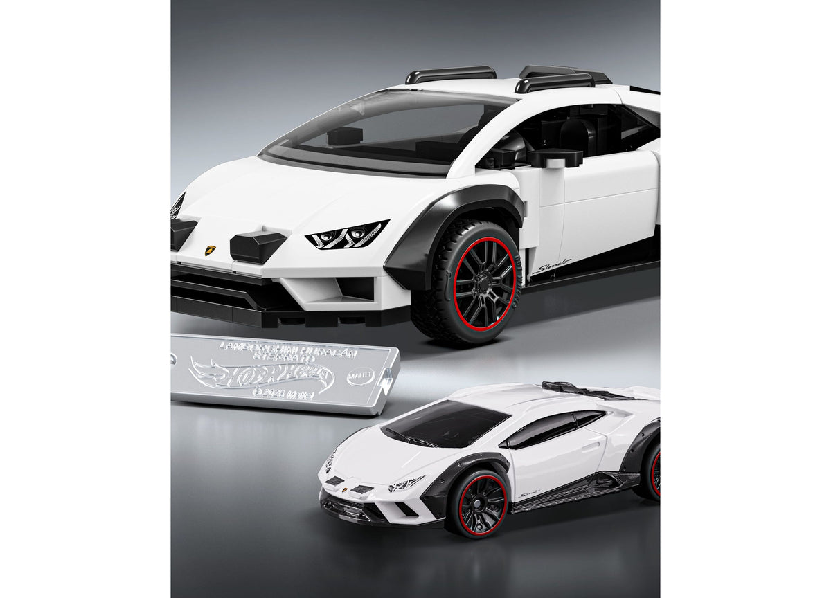 Mattel Brick Shop Hot Wheels Lamborghini Huracán Sterrato 268-piece building set with white sports car model, metal c...