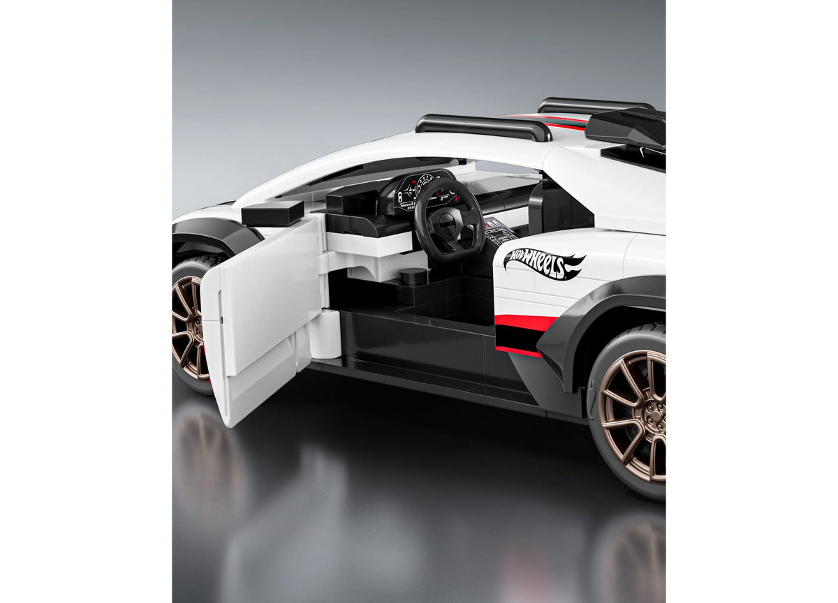 Mattel Brick Shop Hot Wheels Lamborghini Huracán Sterrato 268-piece building set with white and red model car, open d...