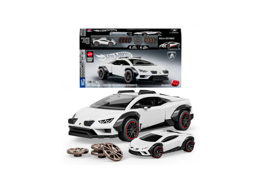 Hot Wheels Lamborghini Huracán Sterrato 268-piece building set with white and black car model, wheels, and smaller me...