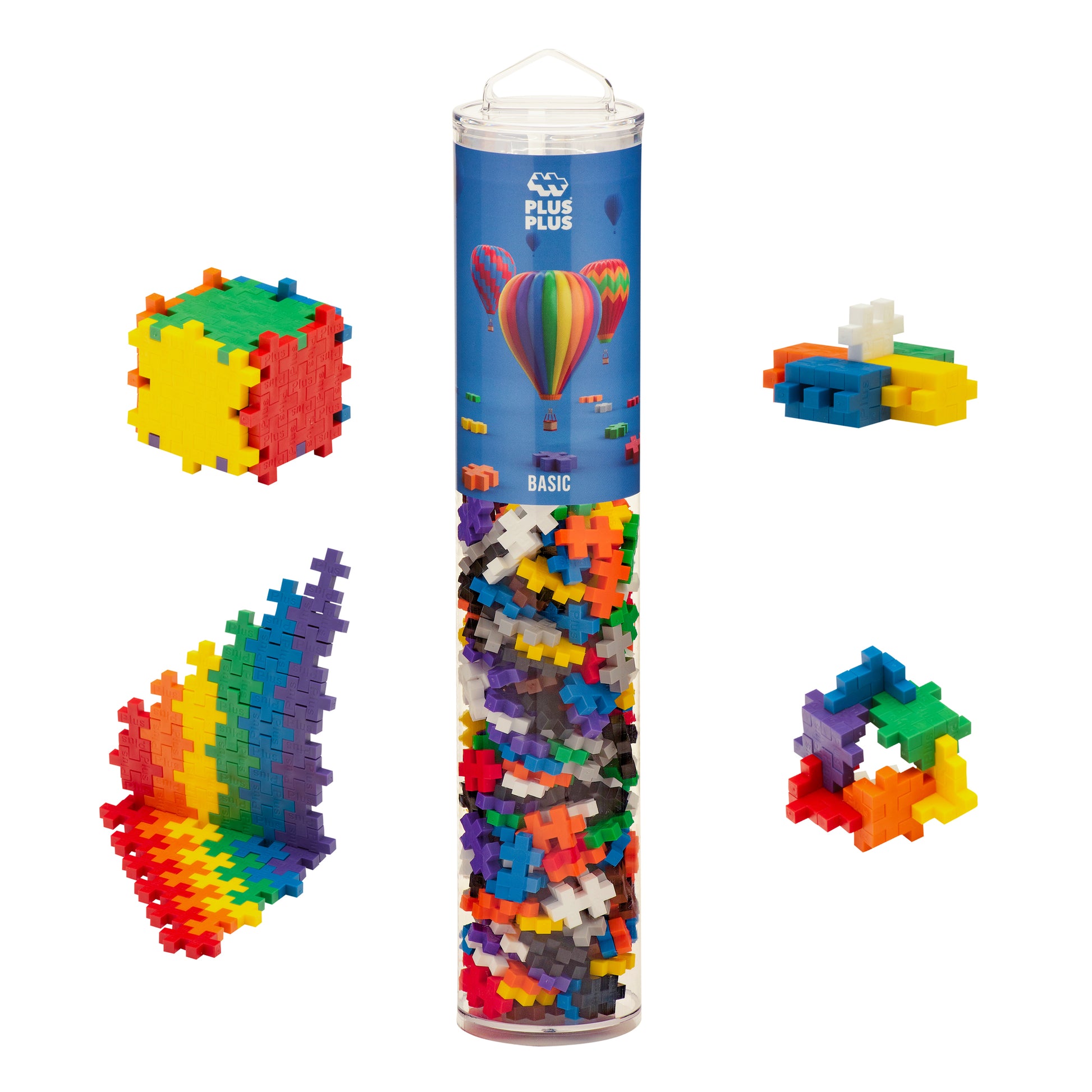 Plus-Plus Basic 240-piece building set with colorful interlocking mini blocks in storage tube, showing assembled structures including cube, rainbow tower, and a