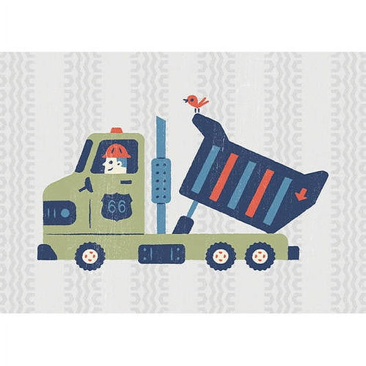 Illustration of a yellow and navy tow truck with a tilted bed carrying a blue and red striped load, with a red bird perched on top