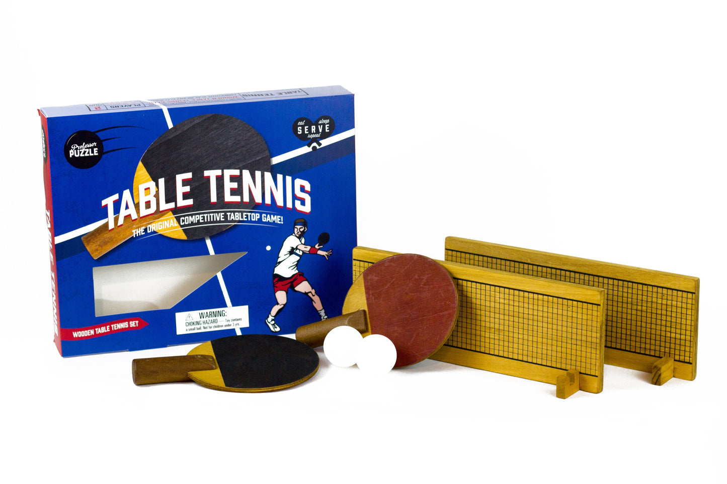 Professor Puzzle wooden table tennis set with blue box, two paddles, net, and white balls displayed
