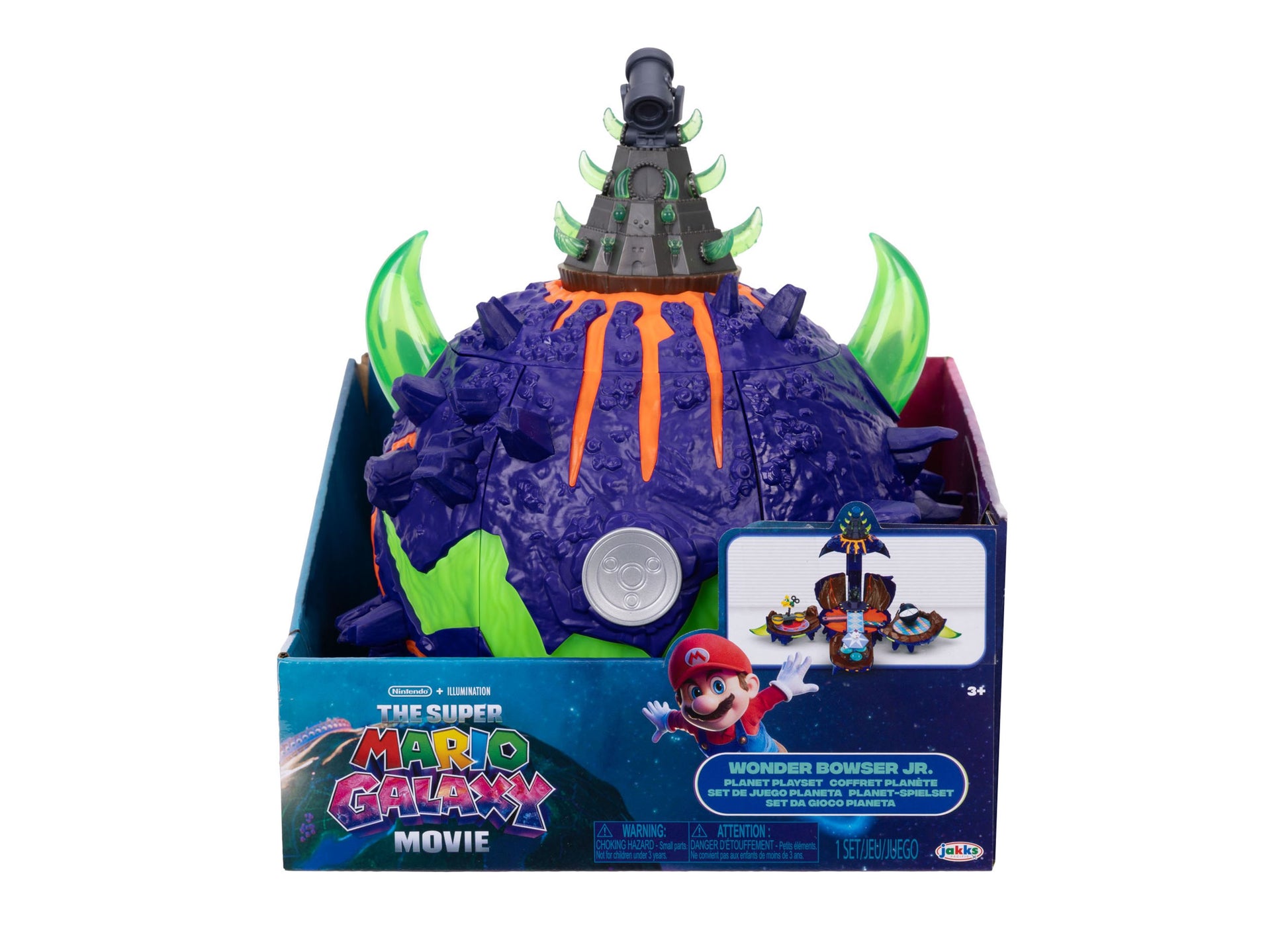 Super Mario Galaxy Movie Wonder Bowser Jr. purple planet playset with glowing green horns and telescope