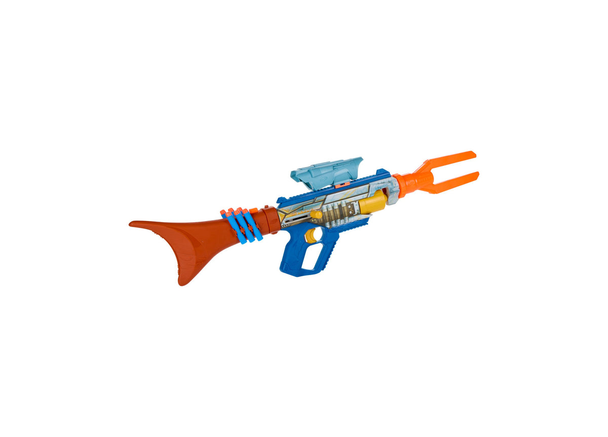 Nerf Star Wars Mandalorian Bolt-Action Blaster in blue, orange, and yellow with rotating dart cylinder and removable ...