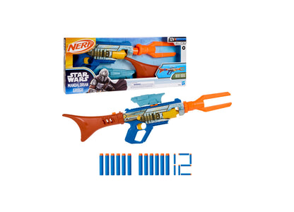 Nerf Star Wars Mandalorian Bolt-Action Blaster in blue, orange, and red with 12 Elite darts displayed
