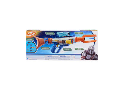 Nerf Star Wars Mandalorian Bolt-Action Blaster with orange barrel, blue body, rotating dart cylinder, and interchange...