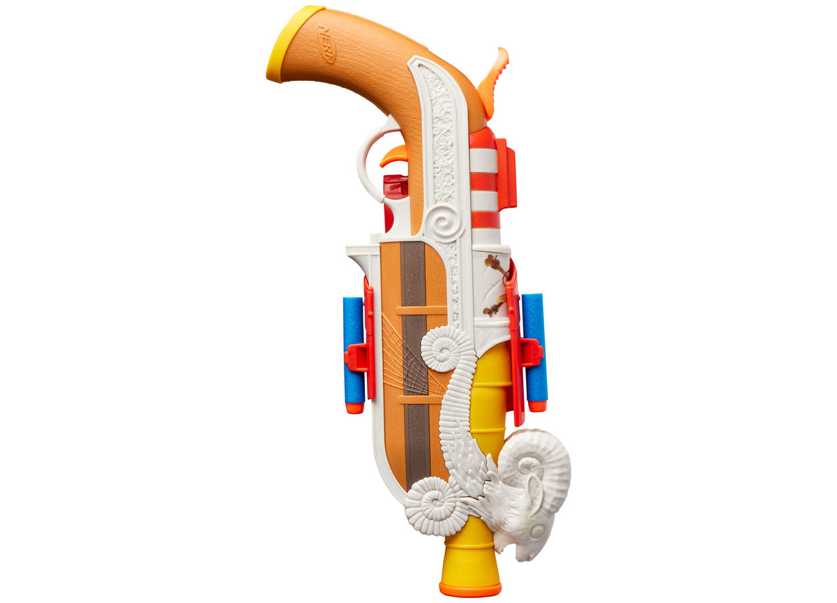Nerf One Piece Going Merry Blaster with orange, red, blue and yellow colors, hammer priming mechanism, and clip-on ho...