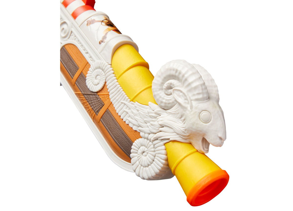 Nerf One Piece Going Merry Blaster with white ram head, yellow barrel, and orange accents
