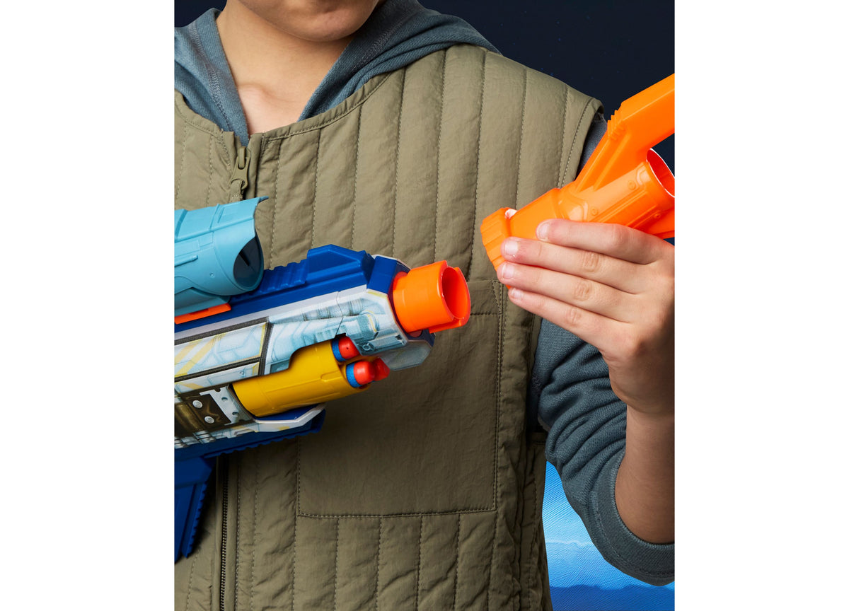 Child holding orange-tipped Nerf Star Wars Mandalorian Bolt-Action Blaster with blue and yellow accents