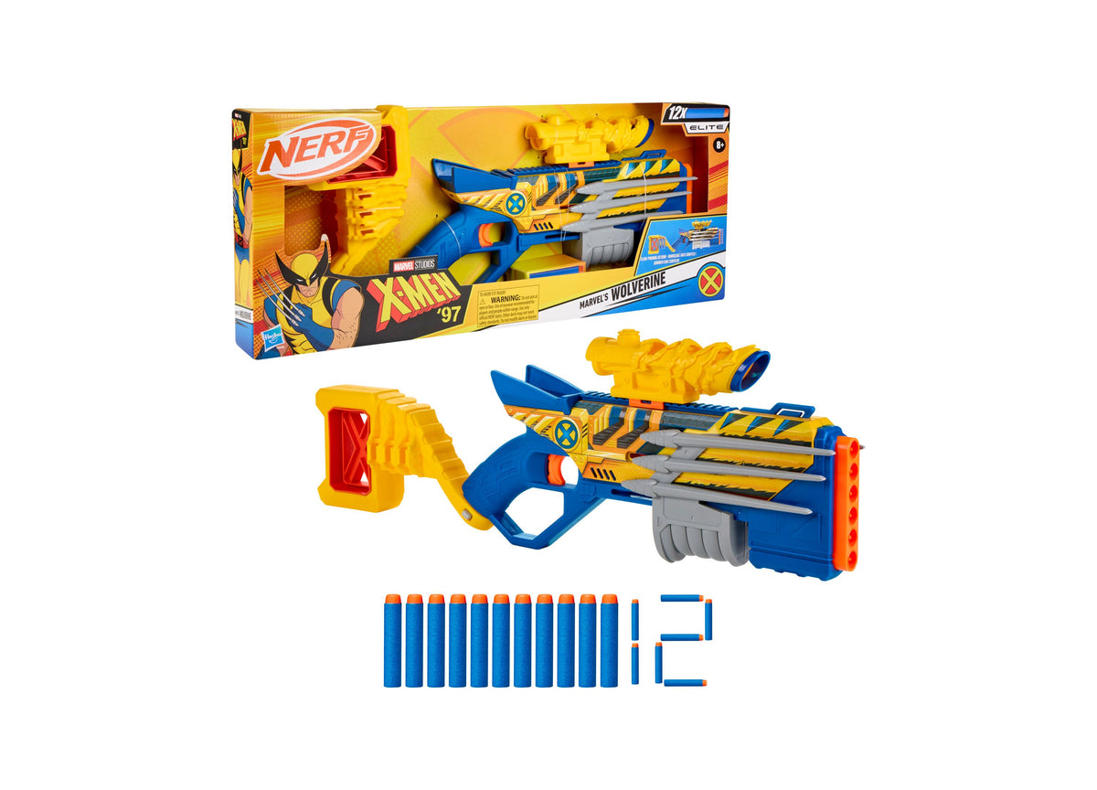 Nerf Marvel Wolverine Blaster in blue and yellow with claw priming action, shown with 12 foam darts and yellow target