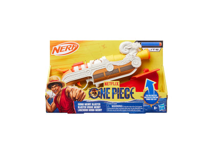Nerf One Piece Going Merry Blaster with brown and white ship-inspired design, blue Elite dart, and red holster on yel...
