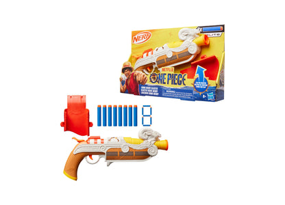 Nerf One Piece Going Merry Blaster with orange and brown design, includes red holster, 8 blue darts, and clip accesso...