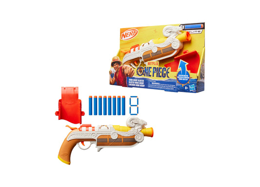 Nerf One Piece Going Merry Blaster with orange and brown design, includes red holster, 8 blue darts, and clip accesso...