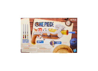 Nerf One Piece Going Merry Blaster with ship-themed design, hammer priming, yellow barrel, and included clip-on holster