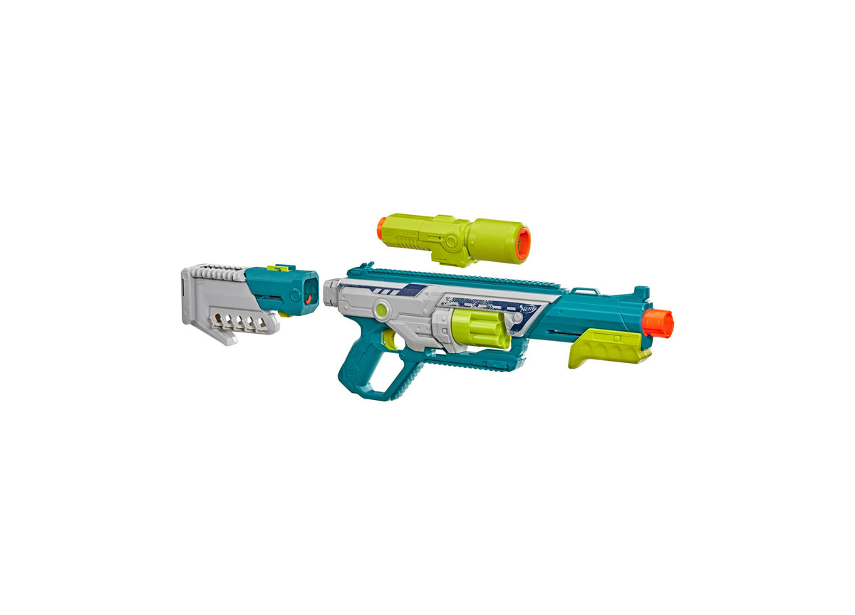 Nerf Rebel Ops Deadeye Pump-Action 8-Dart Blaster in teal, lime green, and gray with detachable scope, barrel, and sh...