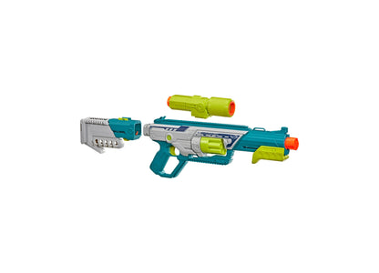 Nerf Rebel Ops Deadeye Pump-Action 8-Dart Blaster in teal, lime green, and gray with detachable scope, barrel, and sh...
