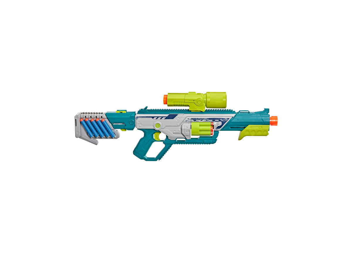 Nerf Rebel Ops Deadeye Pump-Action 8-Dart Blaster in teal, lime green, and gray with scope barrel and shield stock