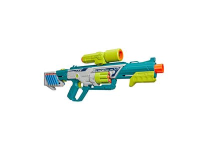 Nerf Rebel Ops Deadeye Pump-Action 8-Dart Blaster in teal, lime green, and gray with scope and shield