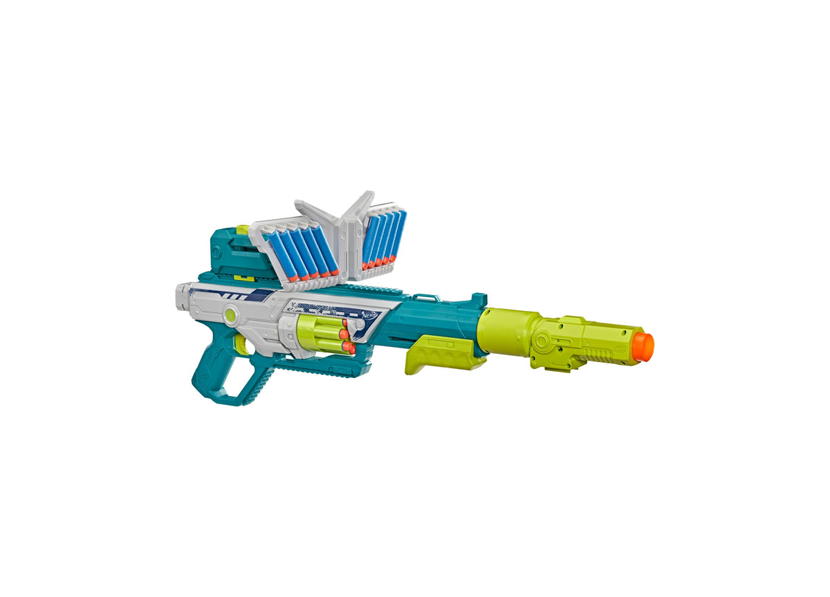 Nerf Rebel Ops Deadeye Pump-Action 8-Dart Blaster in teal, lime green, and gray with modular scope and shield attachm...