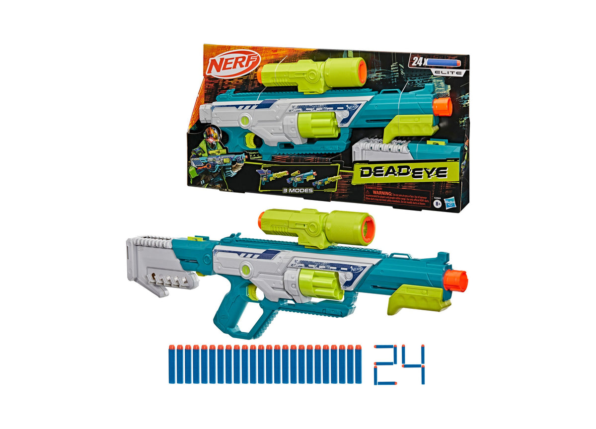Nerf Rebel Ops Deadeye blaster in teal, white, and lime green with blue darts included