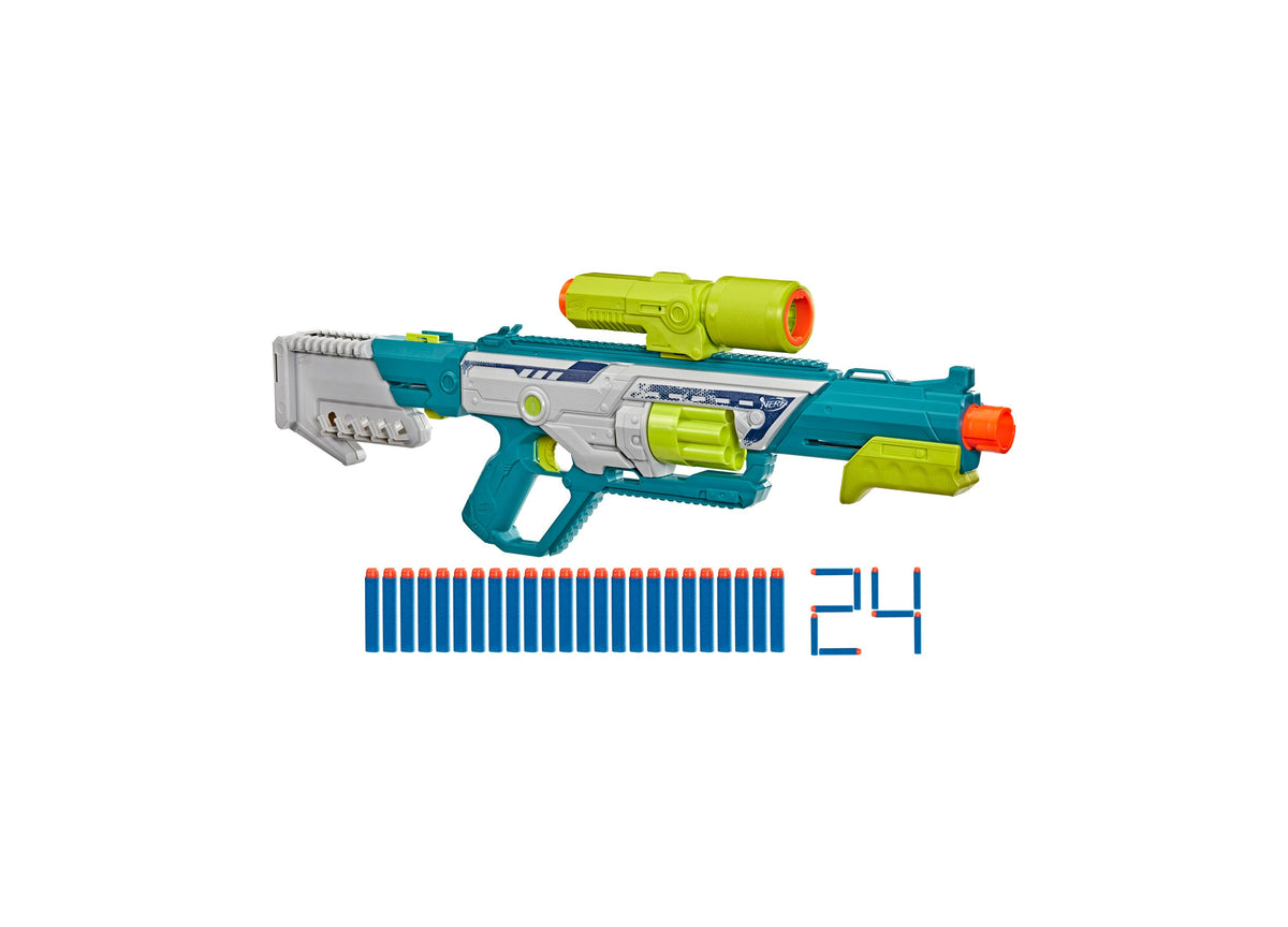 Nerf Rebel Ops Deadeye pump-action blaster in teal, gray, and lime green with scope, shield, and blue darts