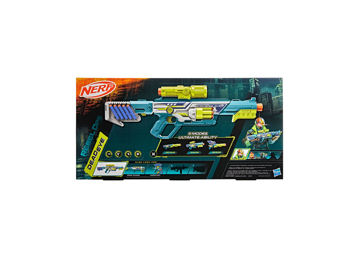 Nerf Rebel Ops Deadeye Pump-Action Blaster with blue and yellow design, rotating dart cylinder, and modular accessori...