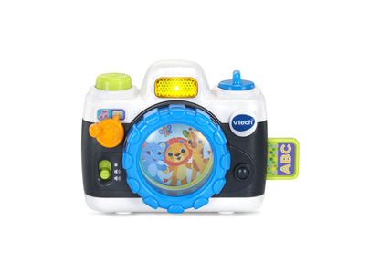 VTech musical camera toy with yellow light, blue lens, and colorful animal characters for infants