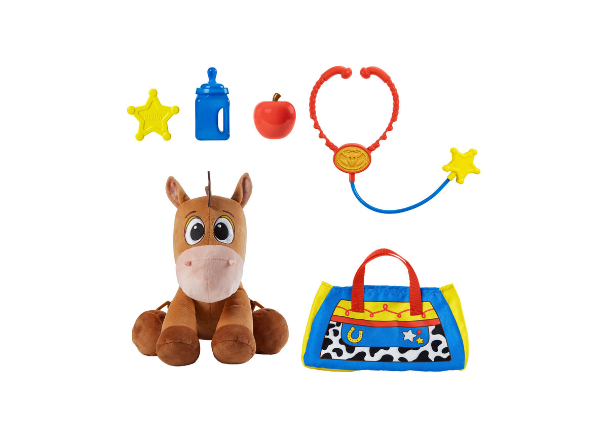 Imaginext Bullseye 9" Care Kit Plush with accessories including bottle, apple, necklace, bag, and stars