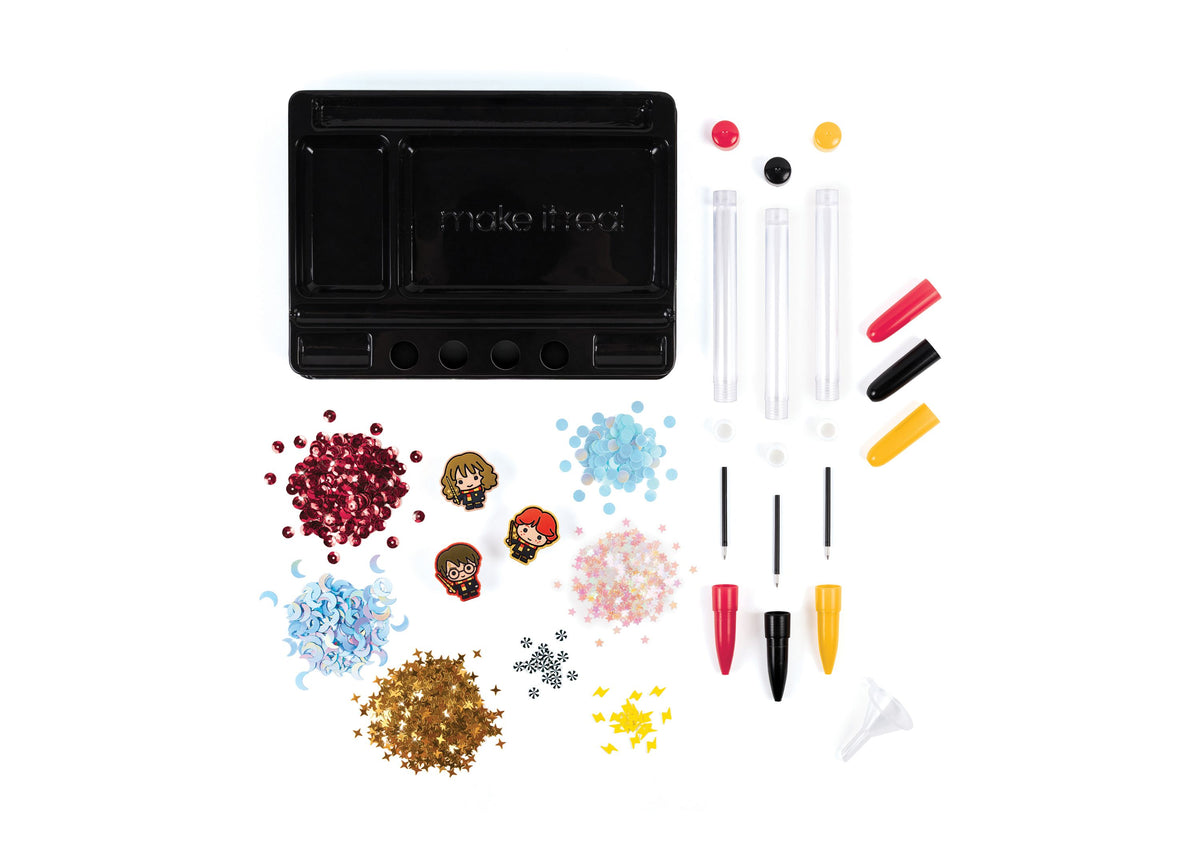 Make It Real Harry Potter Customizable Floaty Pens set with three pens, sequins, charms, and decorative elements in r...