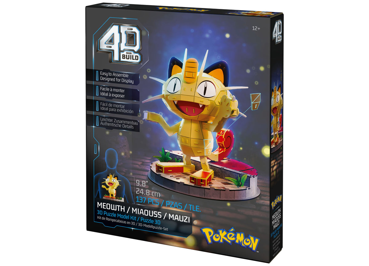 Pokemon 4D Build Meowth 137-Piece 3D Puzzle featuring yellow character with raised paws on cobblestone base