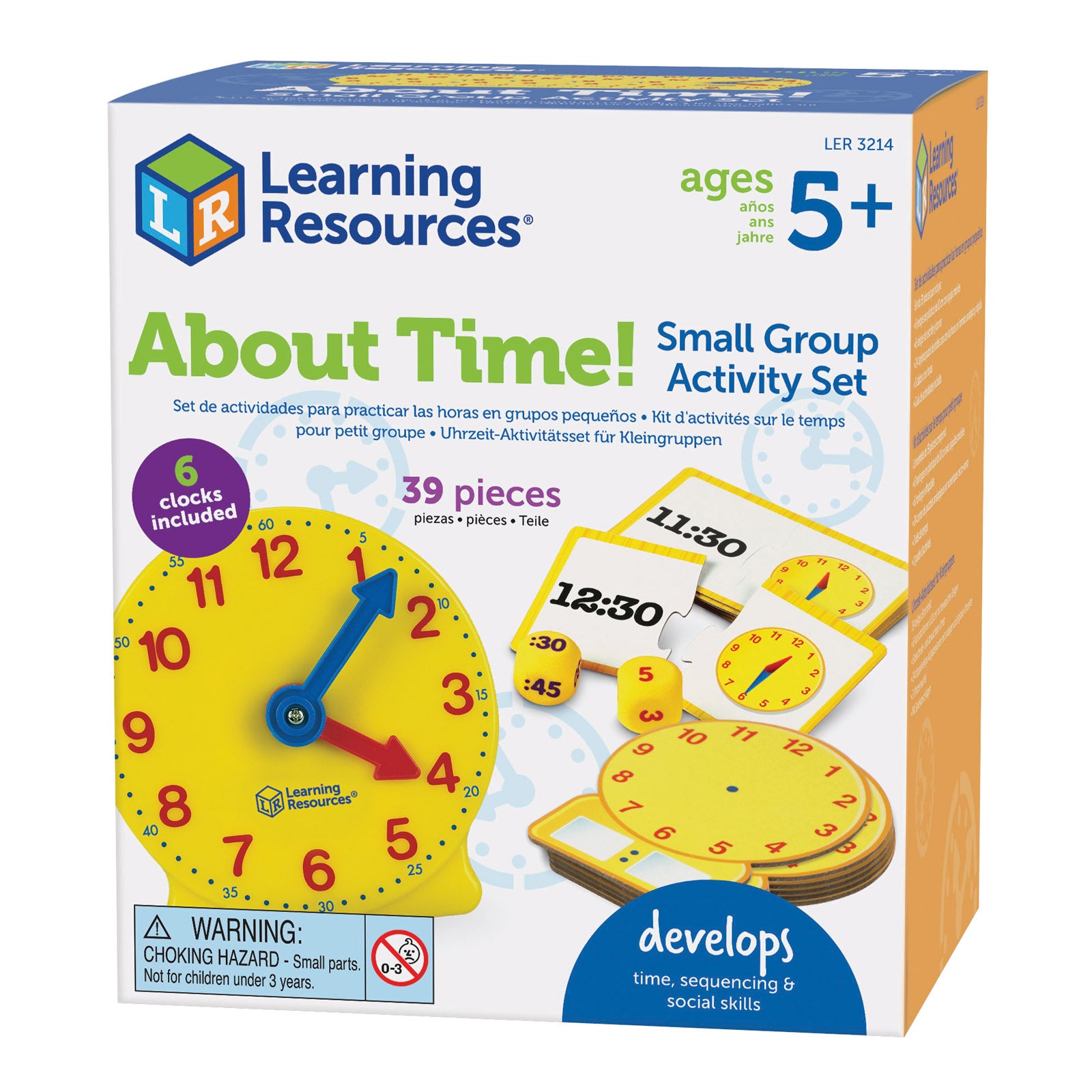 Learning Resources About Time! Small Group Activity Set box showing yellow clock with movable hands, time cards, and clock-face cards for ages 5+
