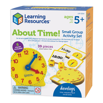 Learning Resources About Time! Small Group Activity Set box showing yellow clock with movable hands, time cards, and clock-face cards for ages 5+