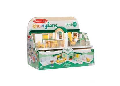 Melissa & Doug Cheery Lane fold-out house with four green and yellow rooms, two figures, and 13-piece set displayed o...