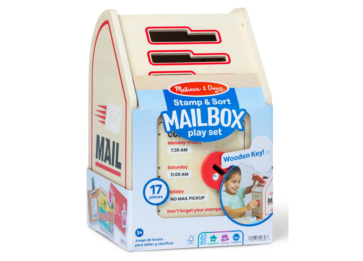 Melissa & Doug Stamp & Sort Mailbox Playset with red mailbox, working key, and sorting slots