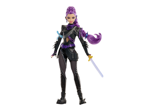 KPop Demon Hunters Rumi doll with purple hair, black outfit, sword accessory and posable joints