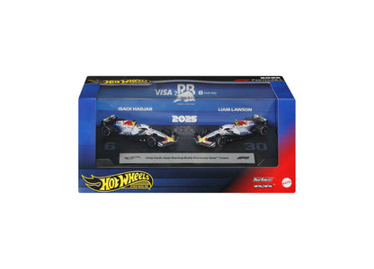 Hot Wheels 1:64 Scale Formula 1 Racing Bulls Die-Cast Race Car 2-Pack with two white and blue race cars on display pl...